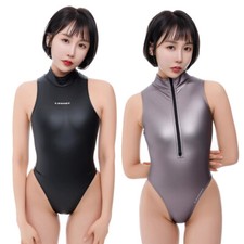 Leohex Sexy Swimwear Glossy Shiny Bodysuit Zipper Sleeveless Sport Surfing Beach