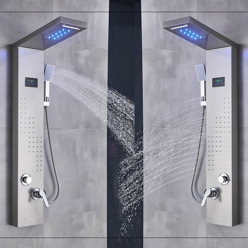 Stainless Steel LED Shower Panel Tower Rain&Waterfall Massage Jets System Mixer - Picture 100 of 187