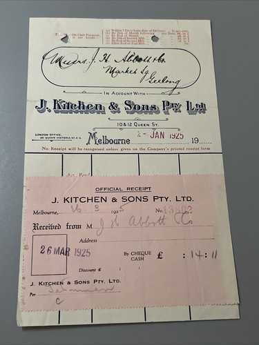 RECIBO DE COLECCIÓN J KITCHEN & SONS QUEEN ST MELBOURNE 1925 ABBOTT VICTORIA