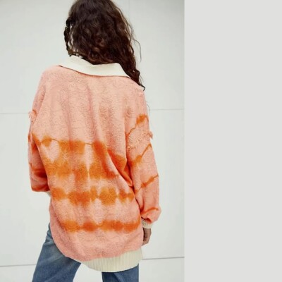 Free People Pullover Sweater Orange Tie Dye Henley Sunrise Polo Rib Collar  XS | eBay