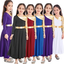 Kids Girls Dance Dress Worship Dancewear Performance Church Ruffle Tunic Robe