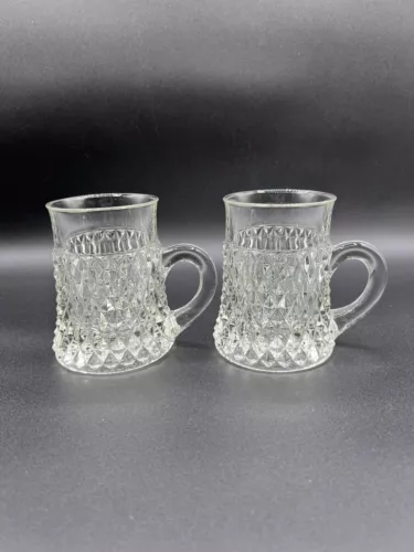 Indiana Glass Vintage “Diamond Point” Clear Glass Mugs (2), Rare