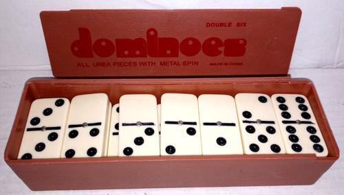 Double Six Dominoes - All Urea Pieces w/ Metal Spin in Plastic Slide Box - Good