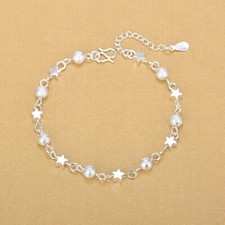 Women's 925 Sterling Silver Stars Beaded Link Foot Chain Ankle Bracelet AB41