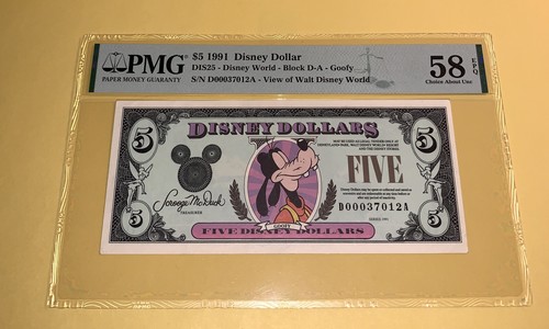 PMG Graded Disney Dollar $5 Banknote Goofy Block D-A Choice AU 58 EPQ