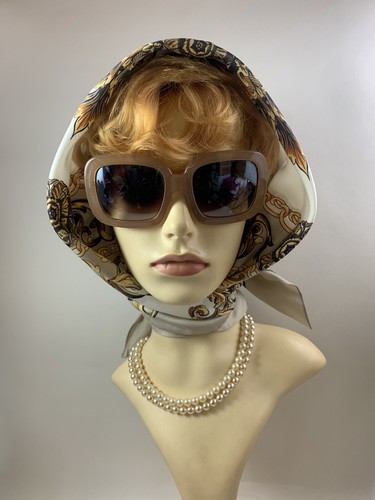 Vintage 1960s Polyester Scarf Beige Gold White Chain & Scroll Pattern 35 Inches - Picture 3 of 19