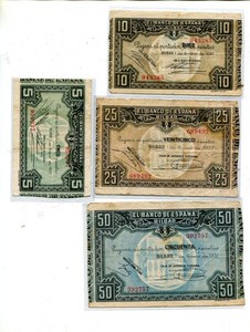SPAIN BANK NOTES CIVIL WAR SET 5/10/25/50 PESETAS BILBAO ALL F+/VF COND NR 17.25