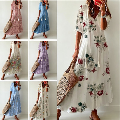 Women's Boho Floral Maxi Dress V Neck Casual Summer Long Dress Beach Sundress