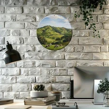 1pc 8-Inch Round Aluminum Metal Sign - Pastoral Cow Landscape Painting Art, Weat