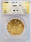 1888-S DOUBLE EAGLE $20 GOLD COIN ANACS AU 50