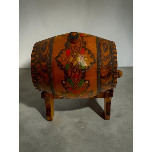 Vtg. Hand Carved Wood Barrel Keg  w/Stand Folk Art Pyrography Hand Painted Rutic