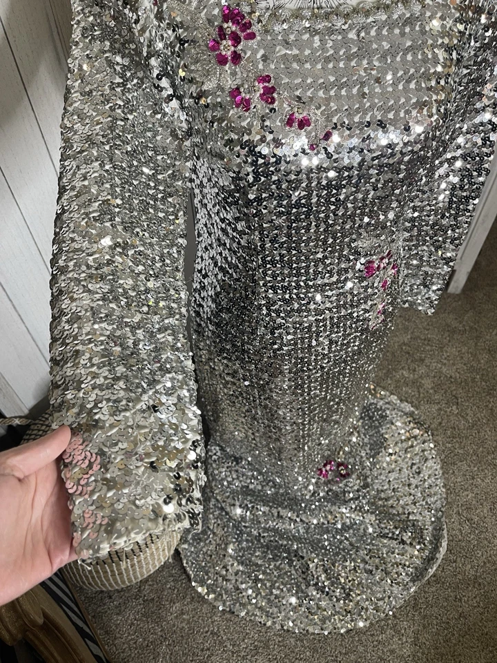 Vestido Sirena Vintage Años 60’s 70 Plateado Lentejuelas Metálico Floral Glamour Hollywood Foto 3 de 4