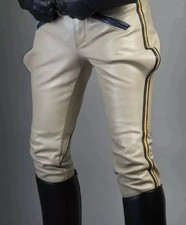 Men's Cow Soft Leather Highway Police Uniform Style Beige Pant With Navy Stripes