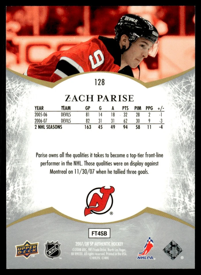 2007-08 SP Authentic SP NOTABLES Zach Parise 1283/1999 New Jersey Devils #128 - Image 2 of 2