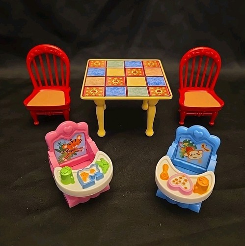 LOVING FAMILY Dollhouse KITCHEN Set TABLE, Chairs, Baby Twins Booster Seats