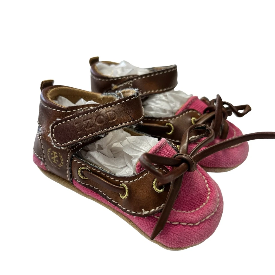 Sandalias Izod Infantil Niña Talla 2 Zapatos de Cuna Cuero Lona Rosa Marrón Suela Suave  Foto 3 de 4