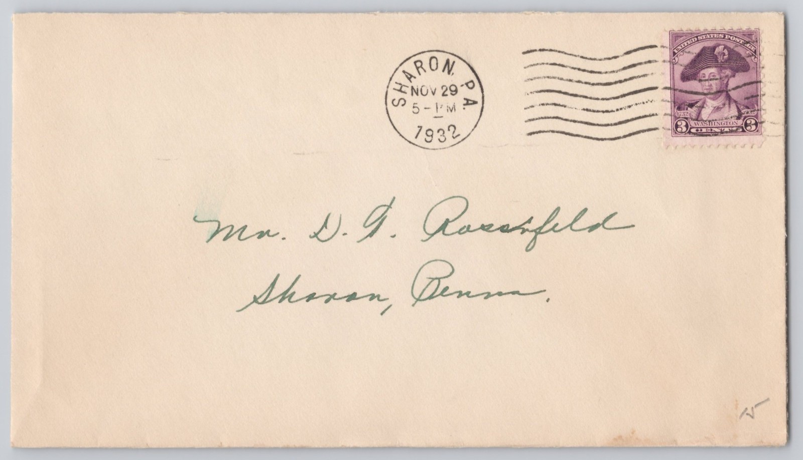 Sharon, PA, circular cancel on envelope with 3c Washington stamp, 1932