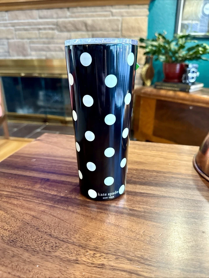 Vaso de viaje Kate Spade Dots 24 oz aislado de acero inoxidable blanco y negro LEER Foto 3 de 4