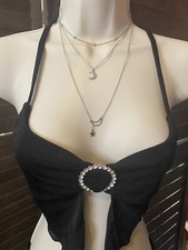 Women Stainless Steel Crescent Moon Star Layered Necklace