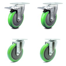 5 Inch SS Green Polyurethane Top Plate Caster Set 2 Total Lock Brakes SCC