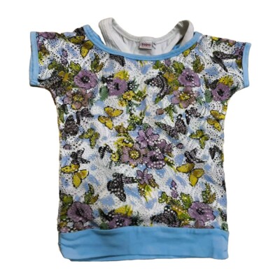 T-Shirt Top Gr. 116 Topo weiß-helblau m. Schmetterlingen & Blumen Lochmuster gut
