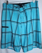 OP MEN'S 36 SURF BOARD SHORTS, EUC, BLUE PLAID, LONGER CUT