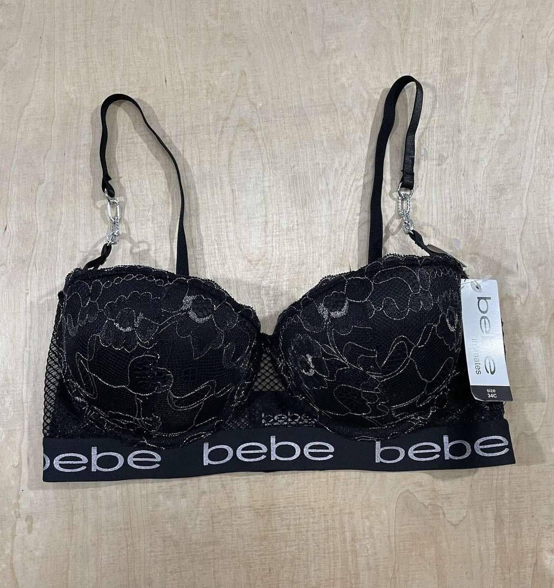 BEBE Intimate Push up Bra Silver Metallic Lace Bra Logo Chains Sz