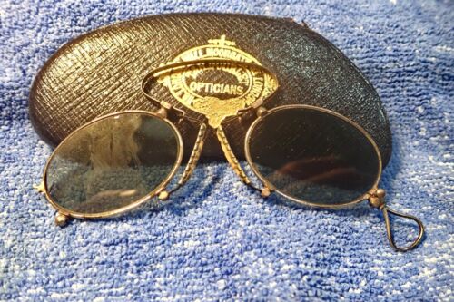 1890 Silver Pinc-Nose Sunglasses by T&H Double Opticians London Leather - Picture 1 of 8