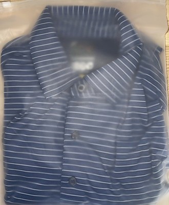 Greg Norman Polo Shirt Mens Large Golf ML75 Logo Play Dry Blue Striped (D1)