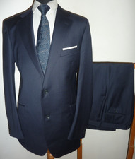 T.M LEWIN Suit Navy Blue Sharkskin 2 Piece Wool 44 L Jacket Trousers W38 L33
