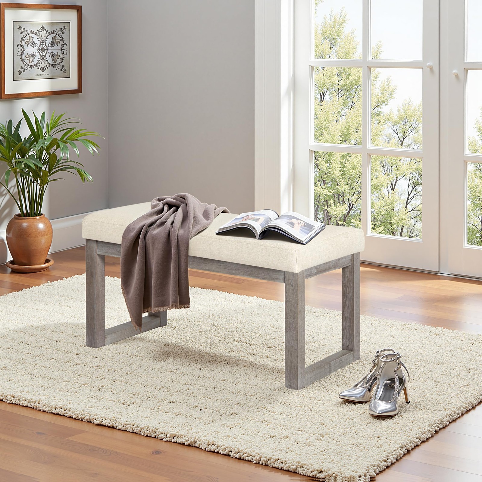 27 Inch Wide Ottoman Bench, Rectangle Footstool with Linen Look Fabric and Wo...