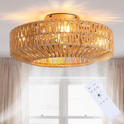 20'' Boho Rattan Fandelier with Light & Remote - Flush Mount Low Profile, Wov...