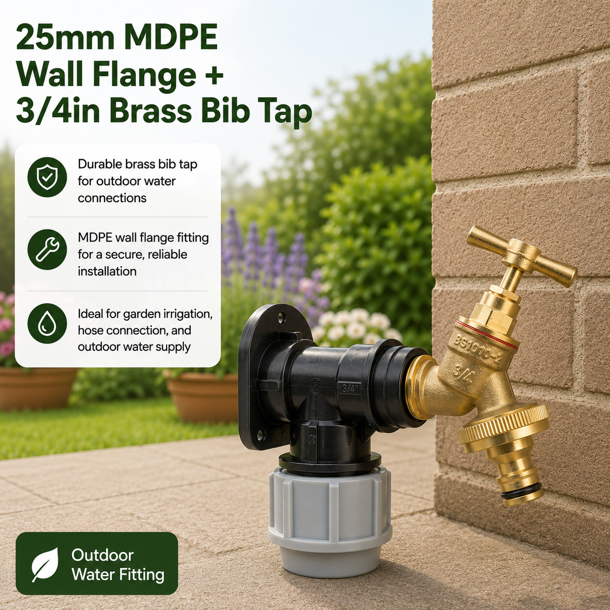 MDPE Wall Flange 25mm with 3/4in Brass Bib Tap Garden Water Outlet Connector Kit