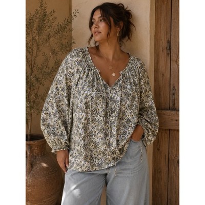 Max Studio 2X Floral Peasant Blouse Blue Green Long Balloon Sleeve Boho Chic