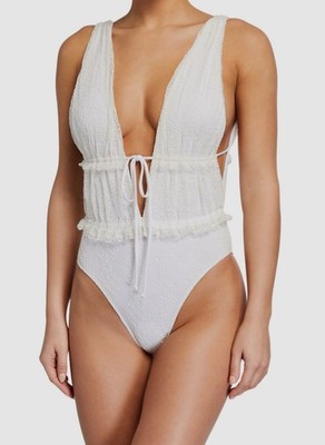 Jonathan Simkhai Women White Shelley Lace Tie-Front 1-Piece Swimsuit Sz XS