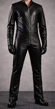 Black Leather Mechanic's Coverall One-Piece Suit - Black Leather Lining  Sz M