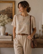 100 Silk VTG Liz Claiborne Collection Cream Floral Button Up Back Blouse 10