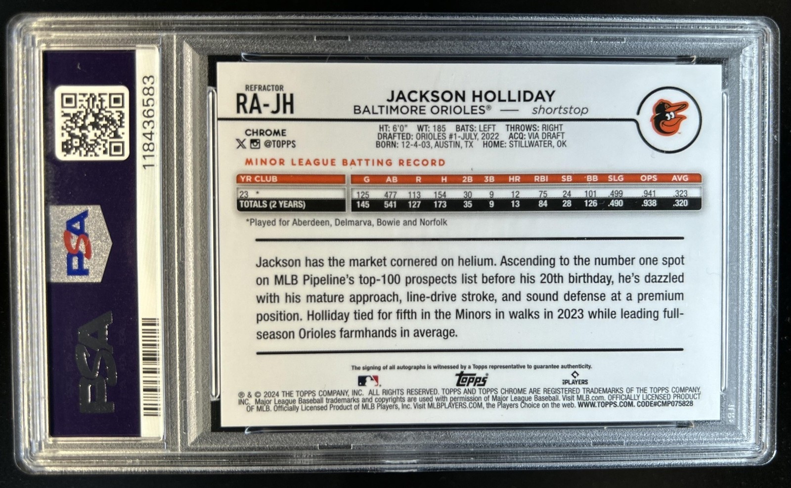 2024 Topps Chrome Jackson Holliday Rookie Auto RC Refractor #/499 Orioles PSA 10 view 2