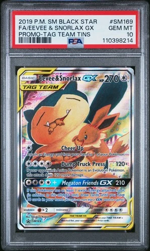 2019 POKEMON SM BLACK STAR PROMO #SM169 FULL ART/EEVEE & SNORLAX GX PSA 10