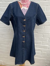 F&F Denim Mini Dress UK 18 Dark Blue Cotton Aline Flare Short Button Down
