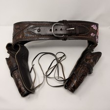 Vintage Mexico Leather Double Holster Gun Belt Size 38 Tooled Western Cowboy