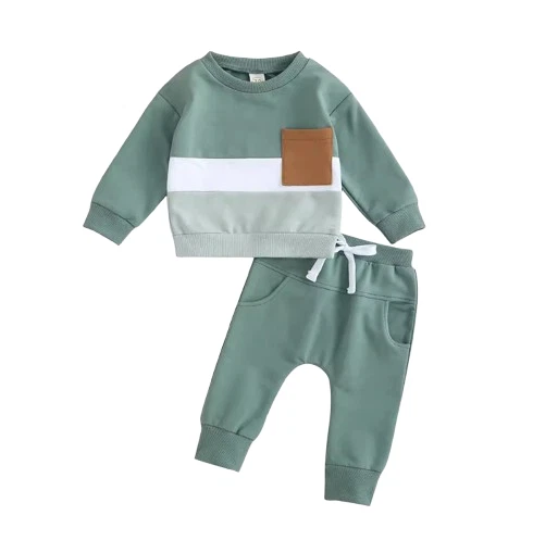 Baby Boy Light Green Clothes Winter Outfits Long Sleeve Contrast Color Pullover