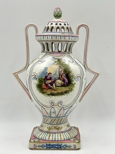 Antique Victorian Hand-Painted Ceramic Urn with Lid – 12” Decorative Vase