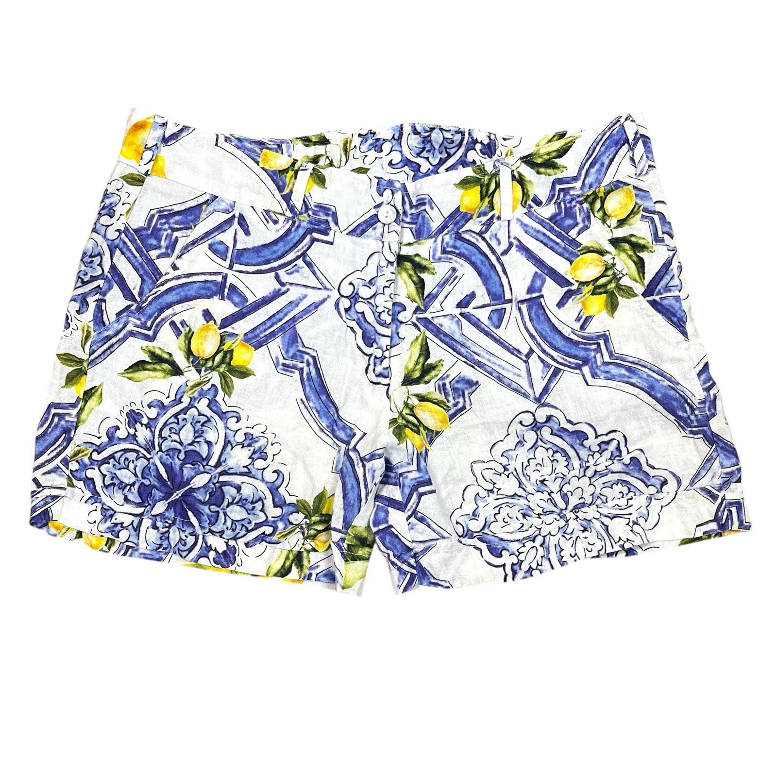 Idillio Positano Majolica Print 100% Linen Shorts Womens 35x5 Lemon & Blue Tile
