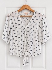 Blousology Dragonfly Print Tie Front Blouse Womens Small Sheer White