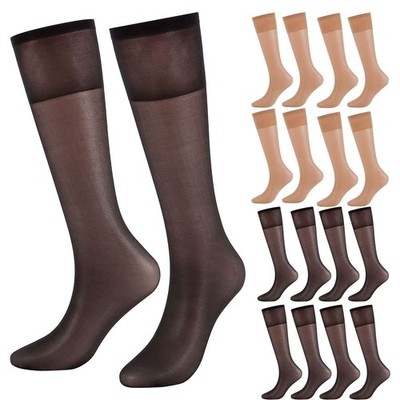 4/8Pairs Women Knee High Nylon Hose Sock Skin/Black Stretchy Sheers Stockings