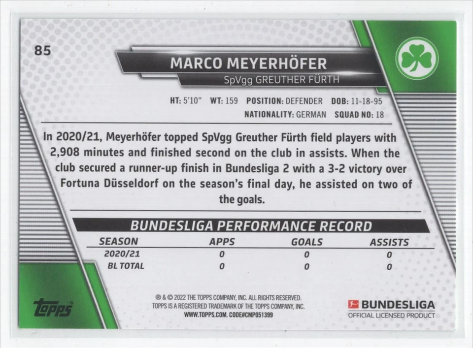 #85 2021 Topps Bundesliga Base ; Marco Meyerhöfer Rookie SpVgg Greuther Furth - Image 2 of 2