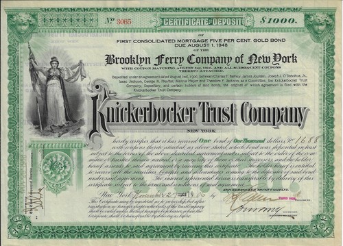 NEW YORK 1906 Brooklyn Ferry Company Certificato di Stock ABN - Foto 1 di 2