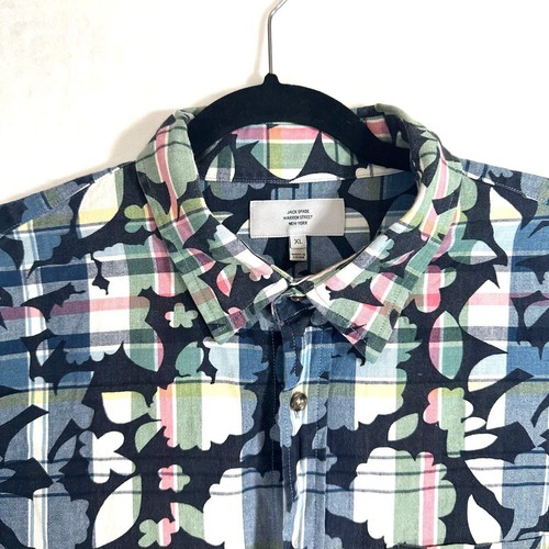 Jack Spade Warren Street XL Buttoned Short Sleeve Shirt Plaid Artsy Print Blue - Picture 3 of 7