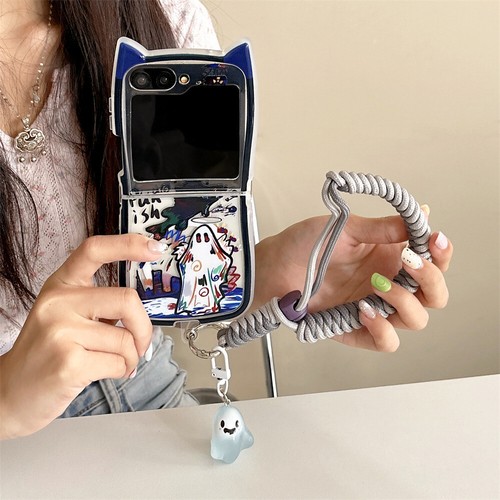 Cartoon Cute Ghost Magnetic Phone Case+Chain For Samsung Galaxy Z Flip 6 5 4 3